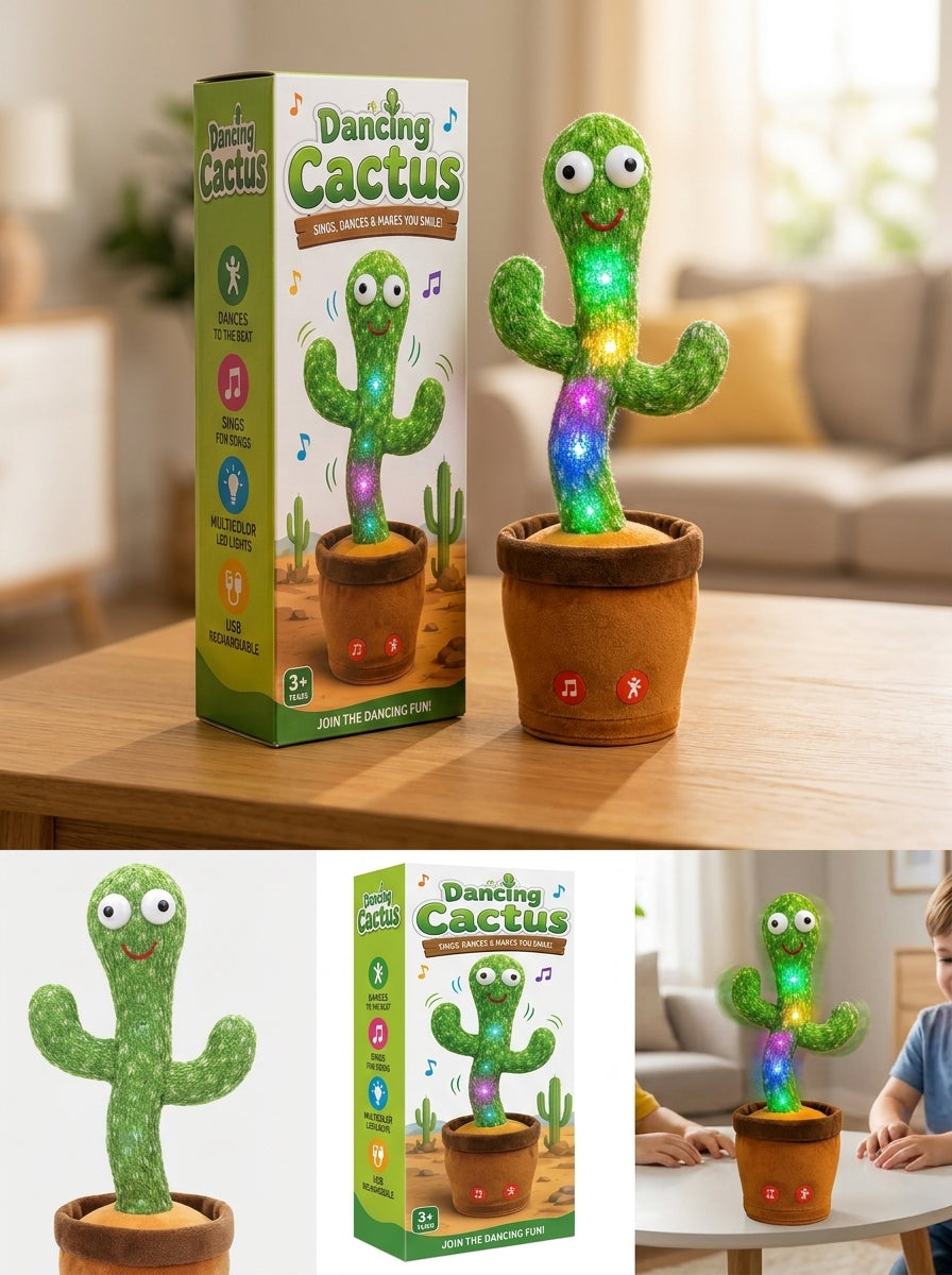 Musical Dancing Cactus Toy with LED Lights & Sound | Talking & Repeating Plush Cactus | Interactive Singing Dancing Toy for Kids
